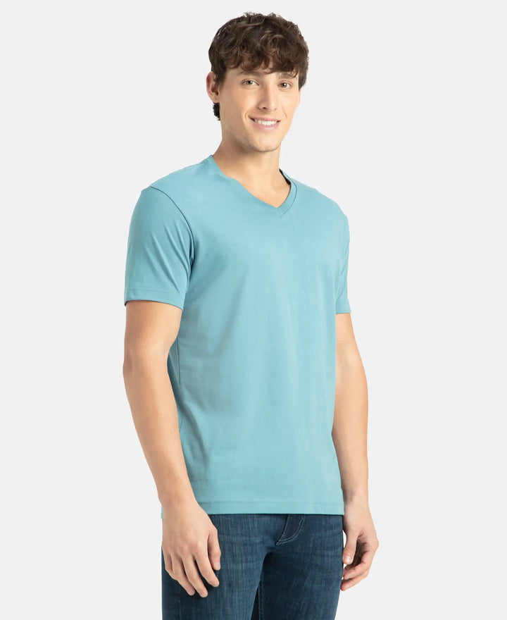 Super Combed Cotton Rich Solid V Neck Half Sleeve T-Shirt - Provincial Blue