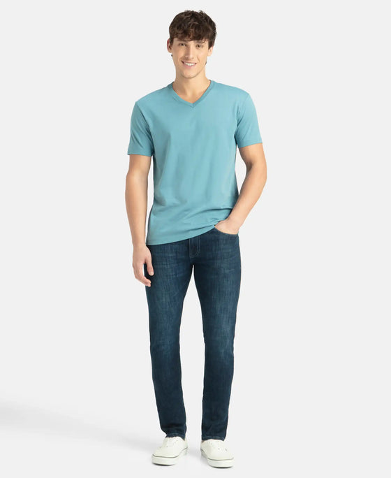 Super Combed Cotton Rich Solid V Neck Half Sleeve T-Shirt - Provincial Blue