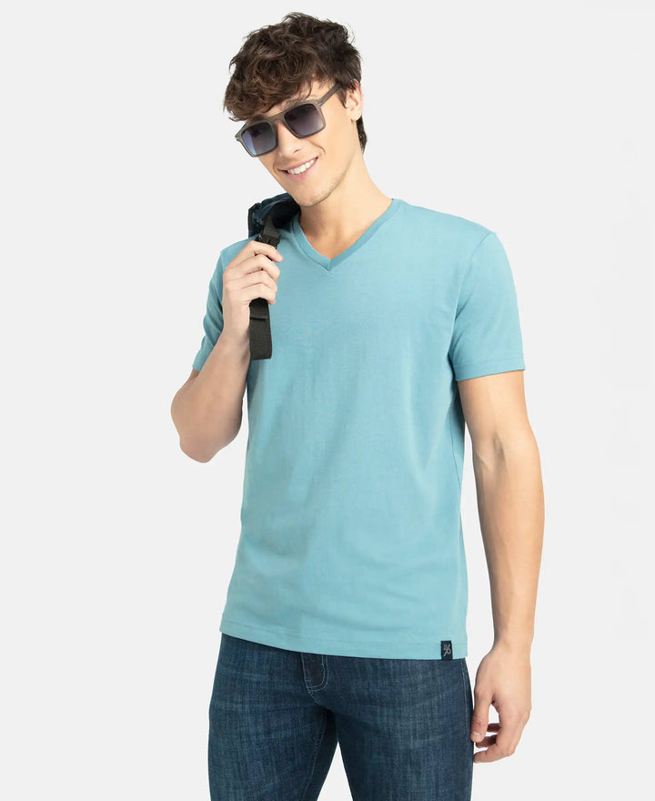 Super Combed Cotton Rich Solid V Neck Half Sleeve T-Shirt - Provincial Blue