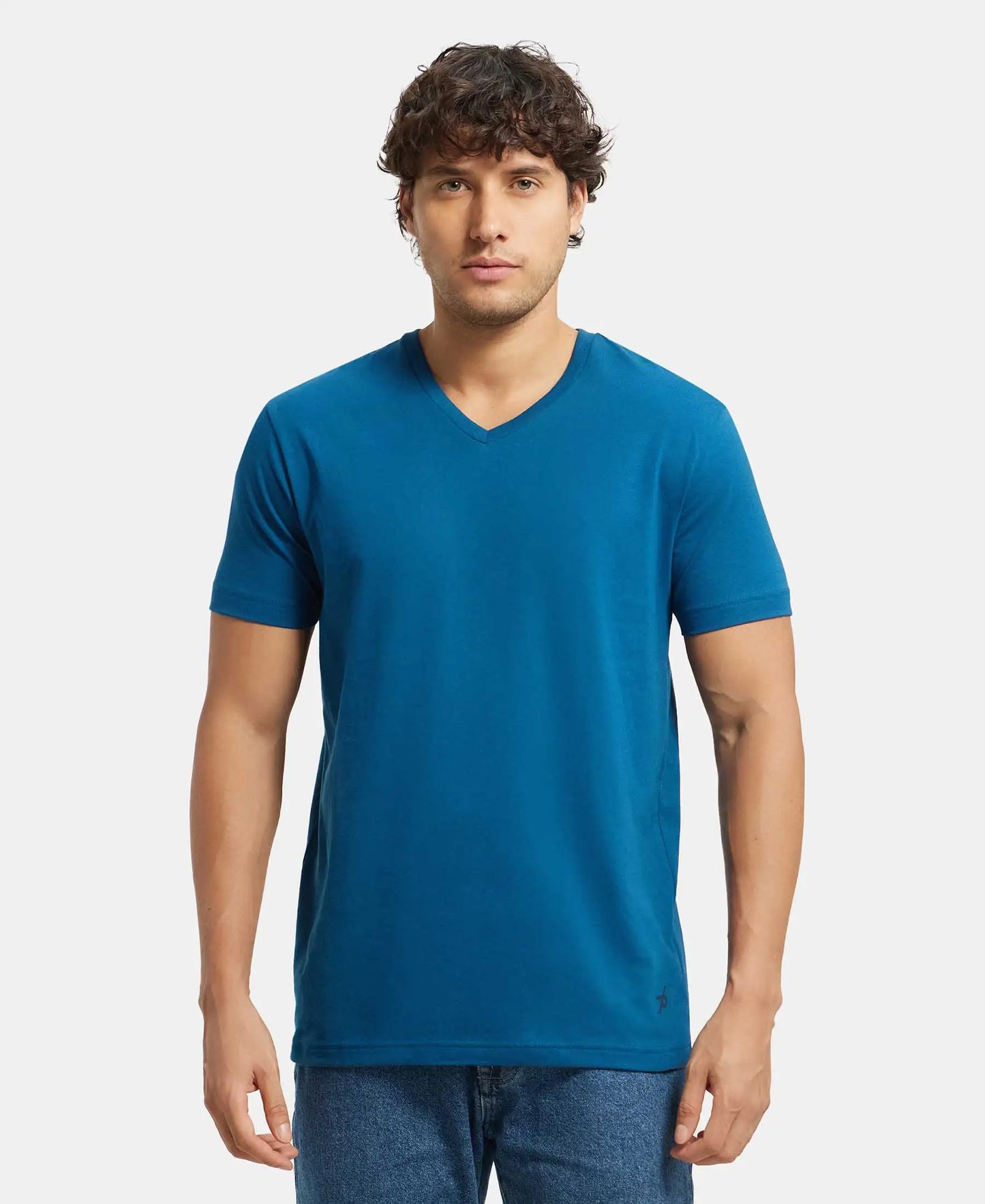 Super Combed Cotton Rich Solid V Neck Half Sleeve T-Shirt  - Seaport Teal-1