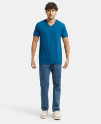 Super Combed Cotton Rich Solid V Neck Half Sleeve T-Shirt  - Seaport Teal-4