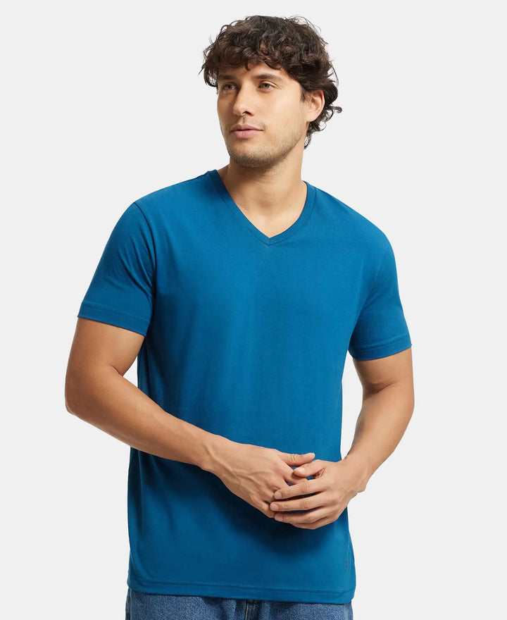 Super Combed Cotton Rich Solid V Neck Half Sleeve T-Shirt  - Seaport Teal-5