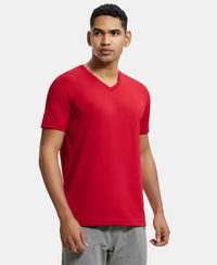 Pack of 2 Super Combed Cotton Rich Solid V Neck Half Sleeve T-Shirt - Black & Shanghai Red