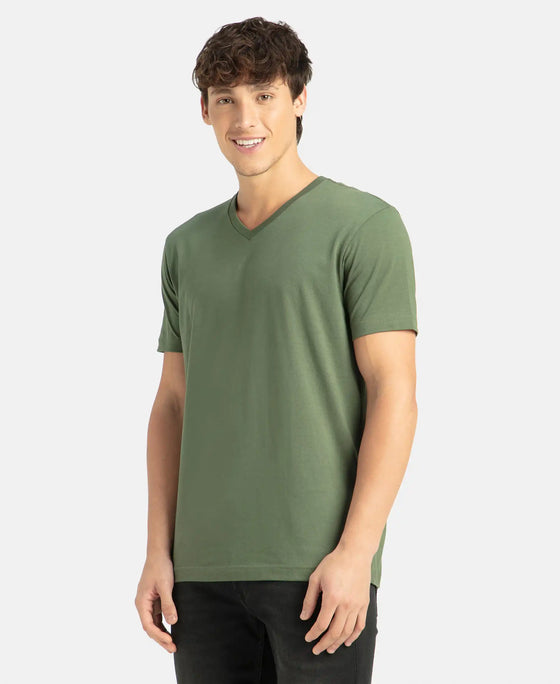 Super Combed Cotton Rich Solid V Neck Half Sleeve T-Shirt - Thyme