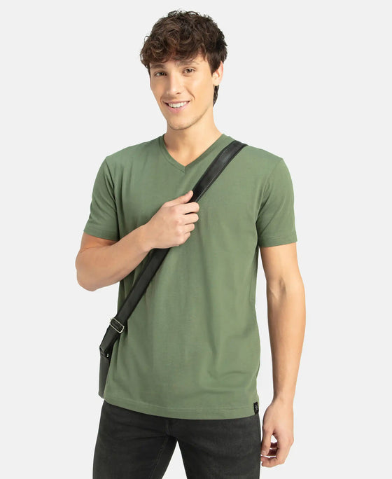 Super Combed Cotton Rich Solid V Neck Half Sleeve T-Shirt - Thyme