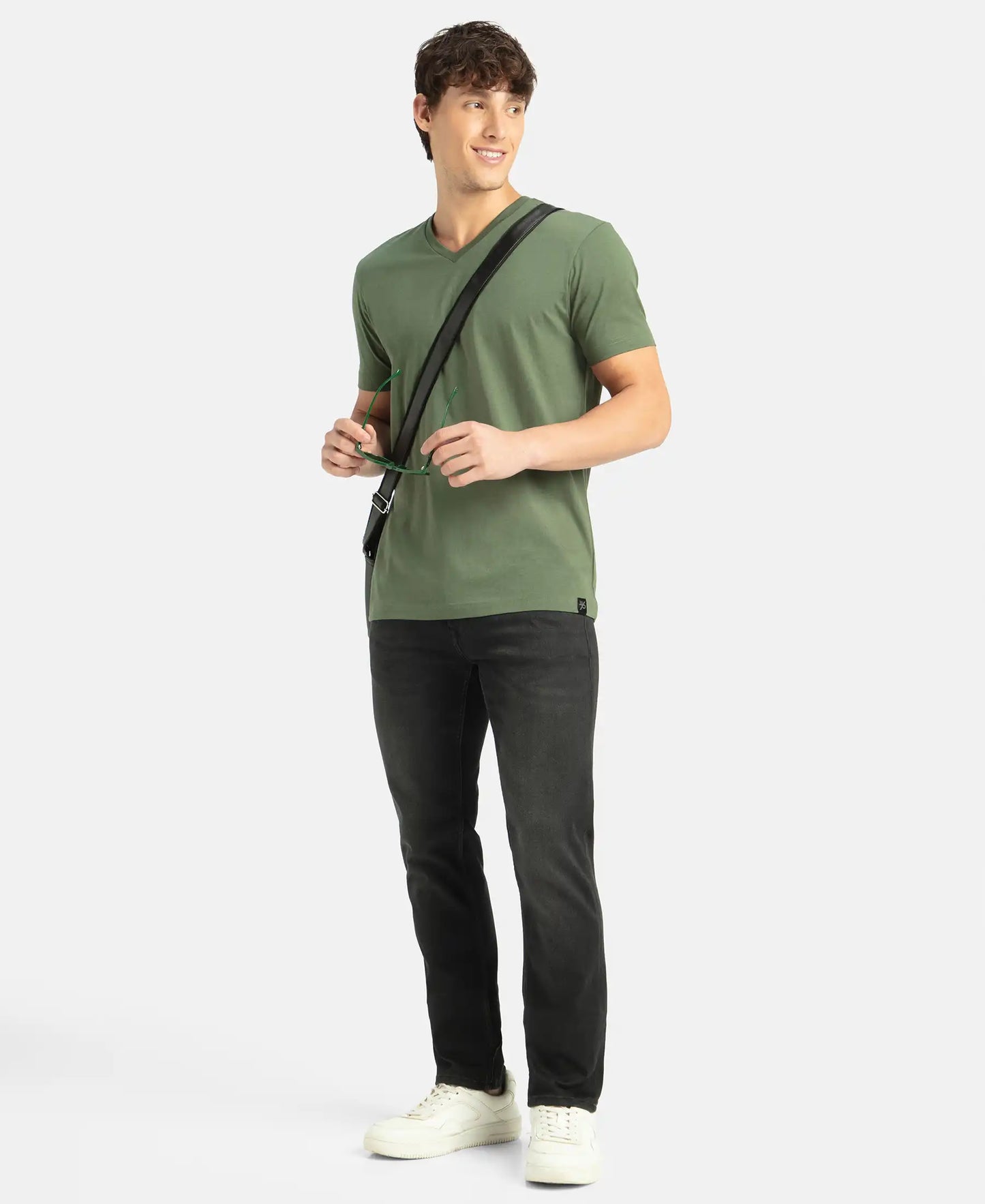 Super Combed Cotton Rich Solid V Neck Half Sleeve T-Shirt - Thyme