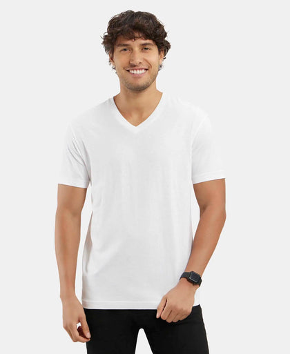 Super Combed Cotton Rich Solid V Neck Half Sleeve T-Shirt  - White-1