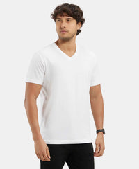 Super Combed Cotton Rich Solid V Neck Half Sleeve T-Shirt  - White-2