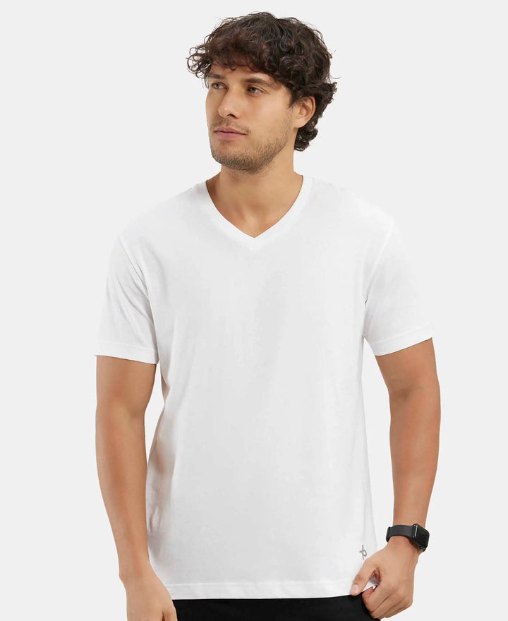 Super Combed Cotton Rich Solid V Neck Half Sleeve T-Shirt  - White-5