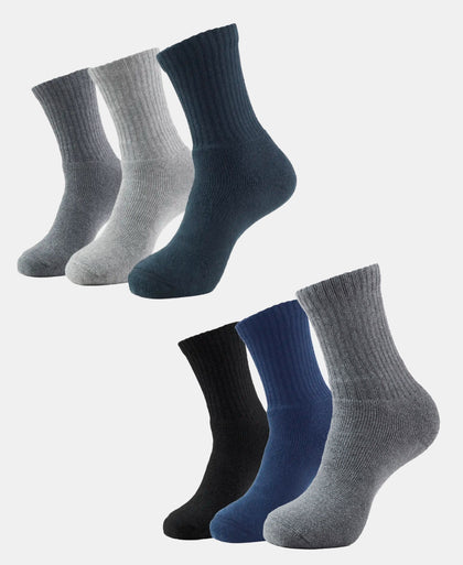 Pack of 6 Compact Cotton Terry Crew Length Socks With StayFresh Treatment - Black, Navy, Charcoal & Midgrey Melange