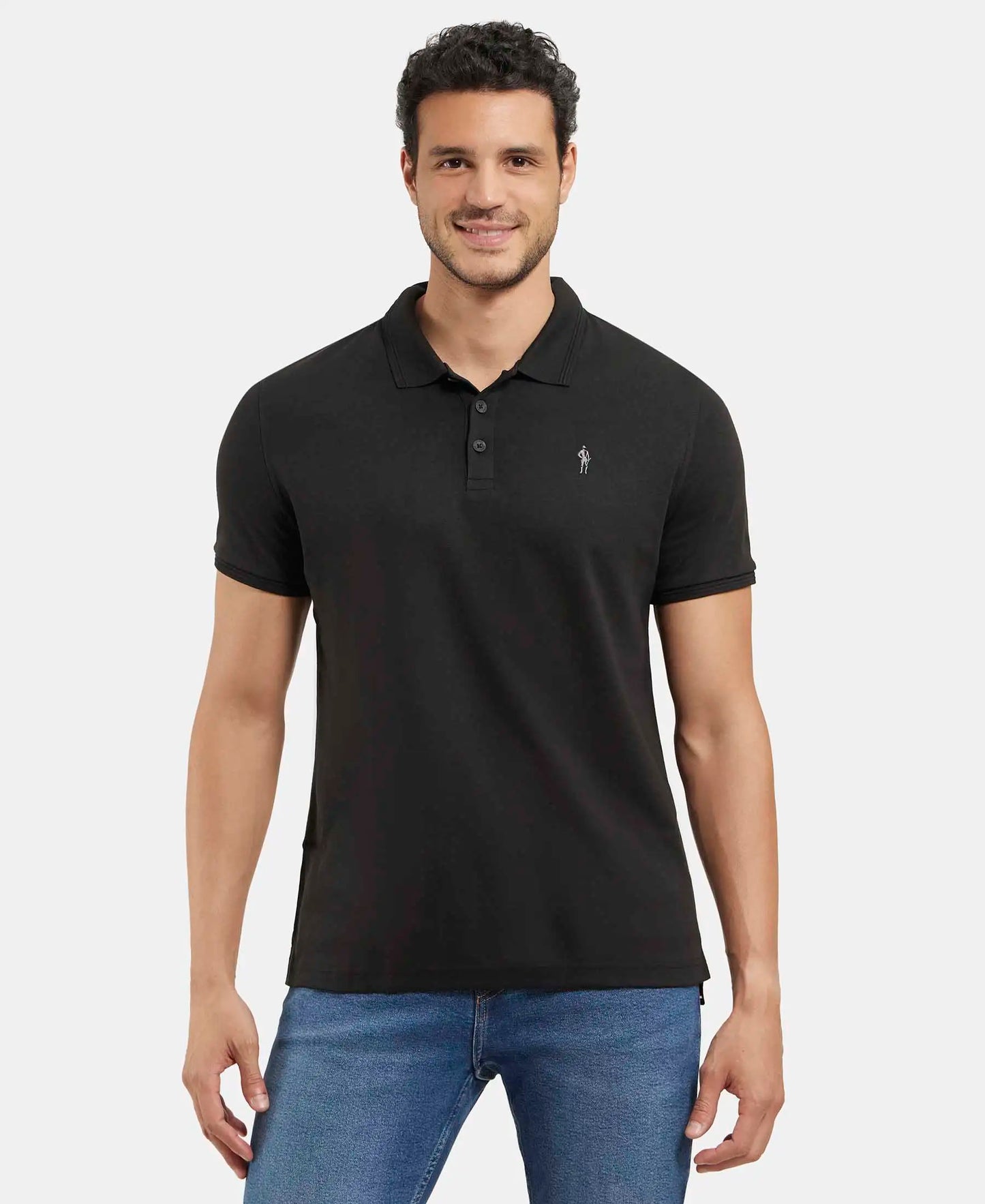 Super Combed Cotton Rich Solid Half Sleeve Polo T-Shirt - Black-1