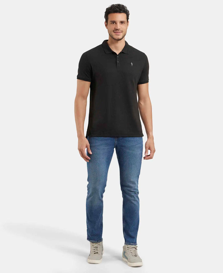 Super Combed Cotton Rich Solid Half Sleeve Polo T-Shirt - Black-4