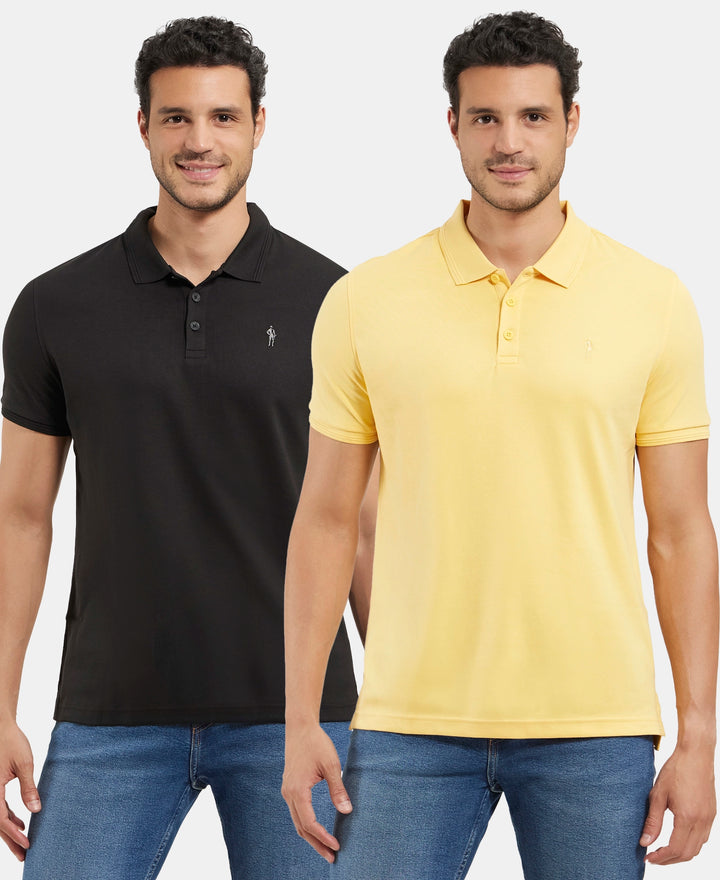 Pack of 2 Super Combed Cotton Rich Solid Half Sleeve Polo T-Shirt - Corn Silk & Black