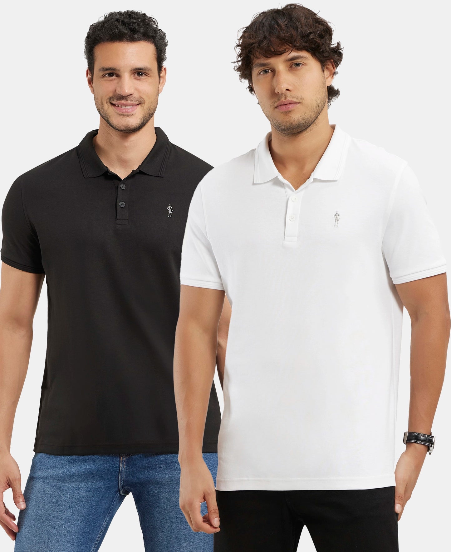 Pack of 2 Super Combed Cotton Rich Solid Half Sleeve Polo T-Shirt - White & Black