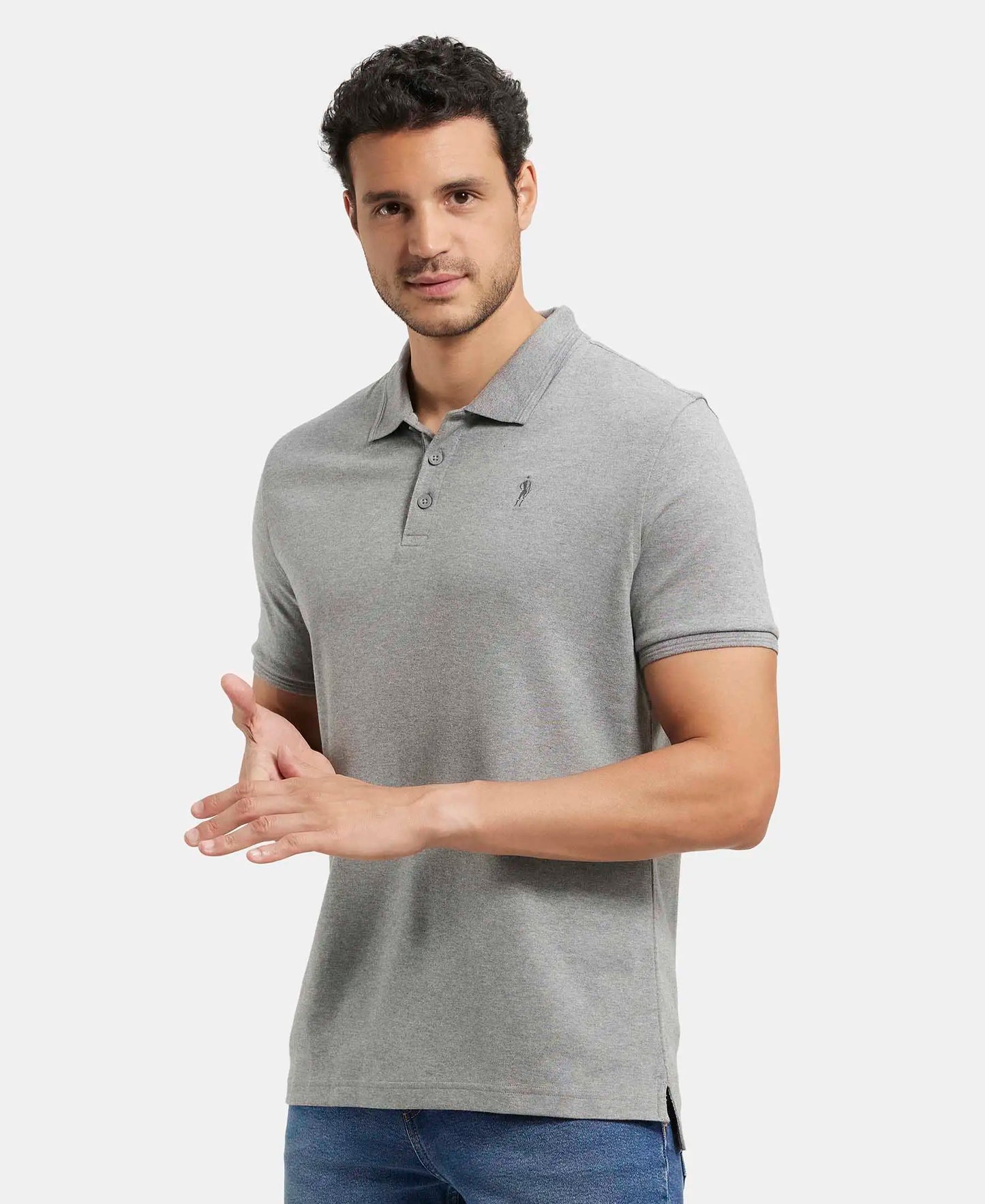 Super Combed Cotton Rich Solid Half Sleeve Polo T-Shirt - Grey Melange-5