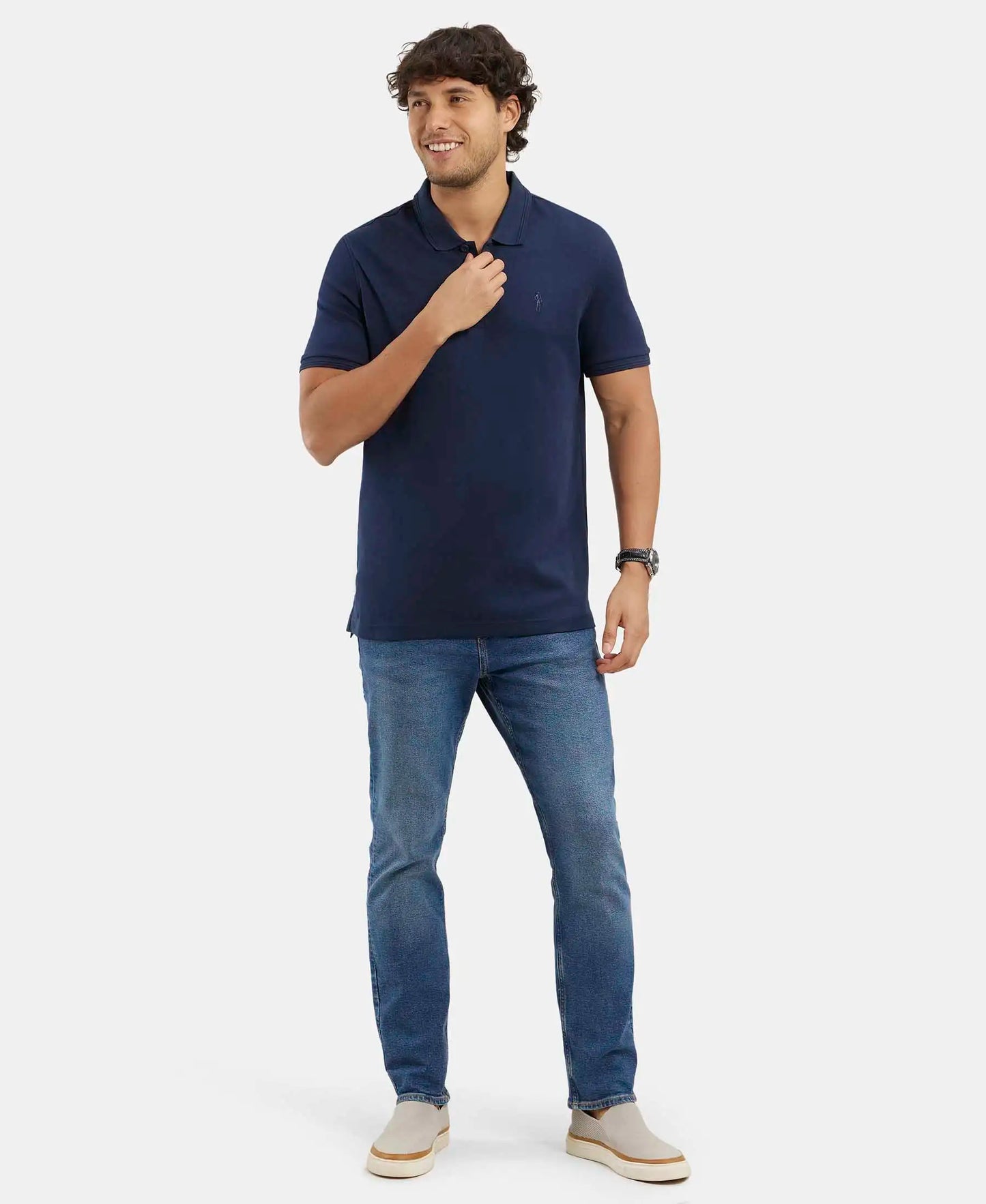 Pack of 2 Super Combed Cotton Rich Solid Half Sleeve Polo T-Shirt - White & Navy