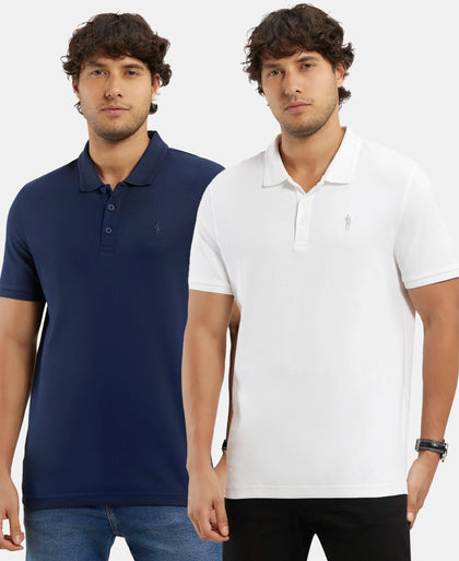 Pack of 2 Super Combed Cotton Rich Solid Half Sleeve Polo T-Shirt - White & Navy