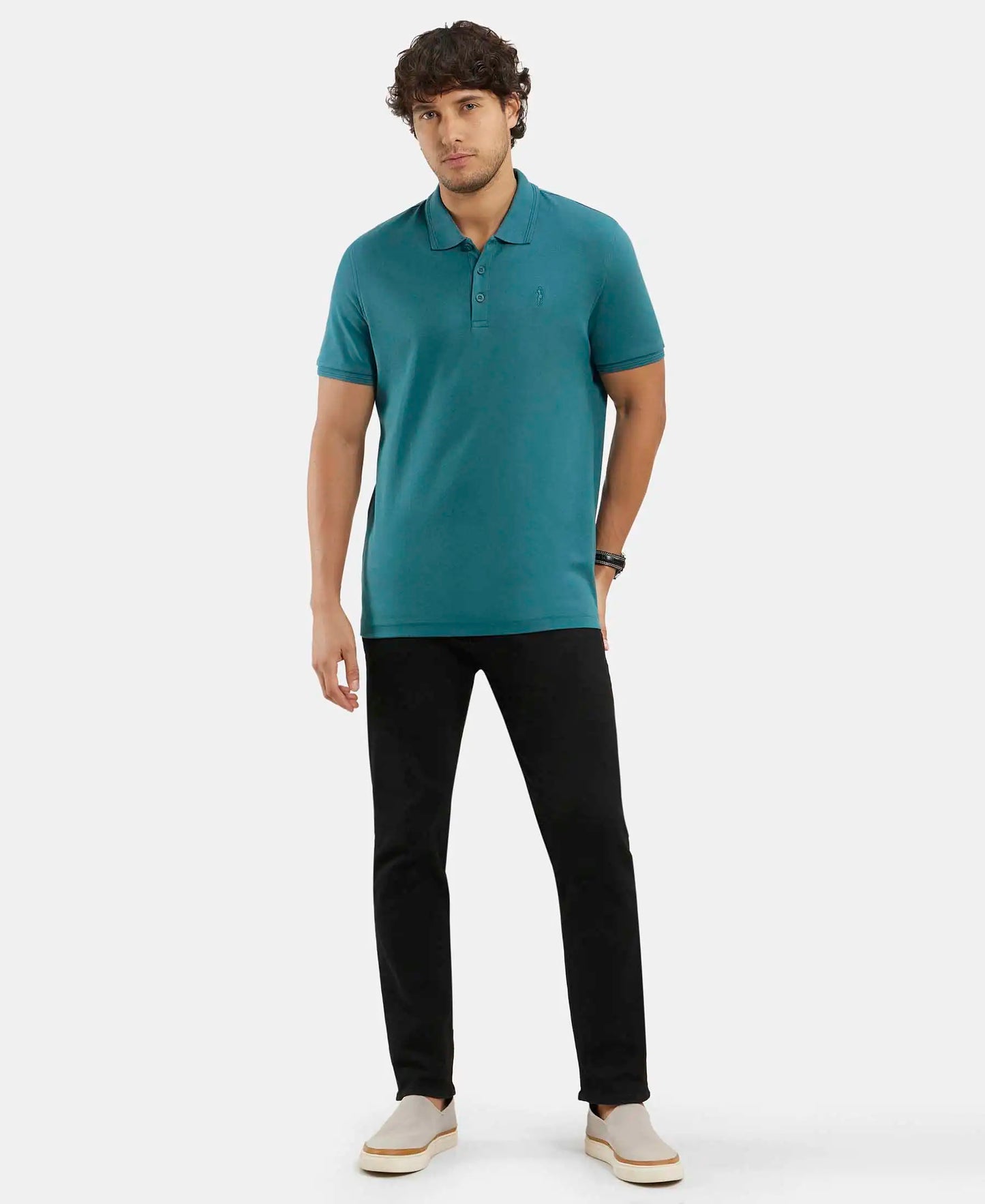 Super Combed Cotton Rich Solid Half Sleeve Polo T-Shirt - Pacific Green-6