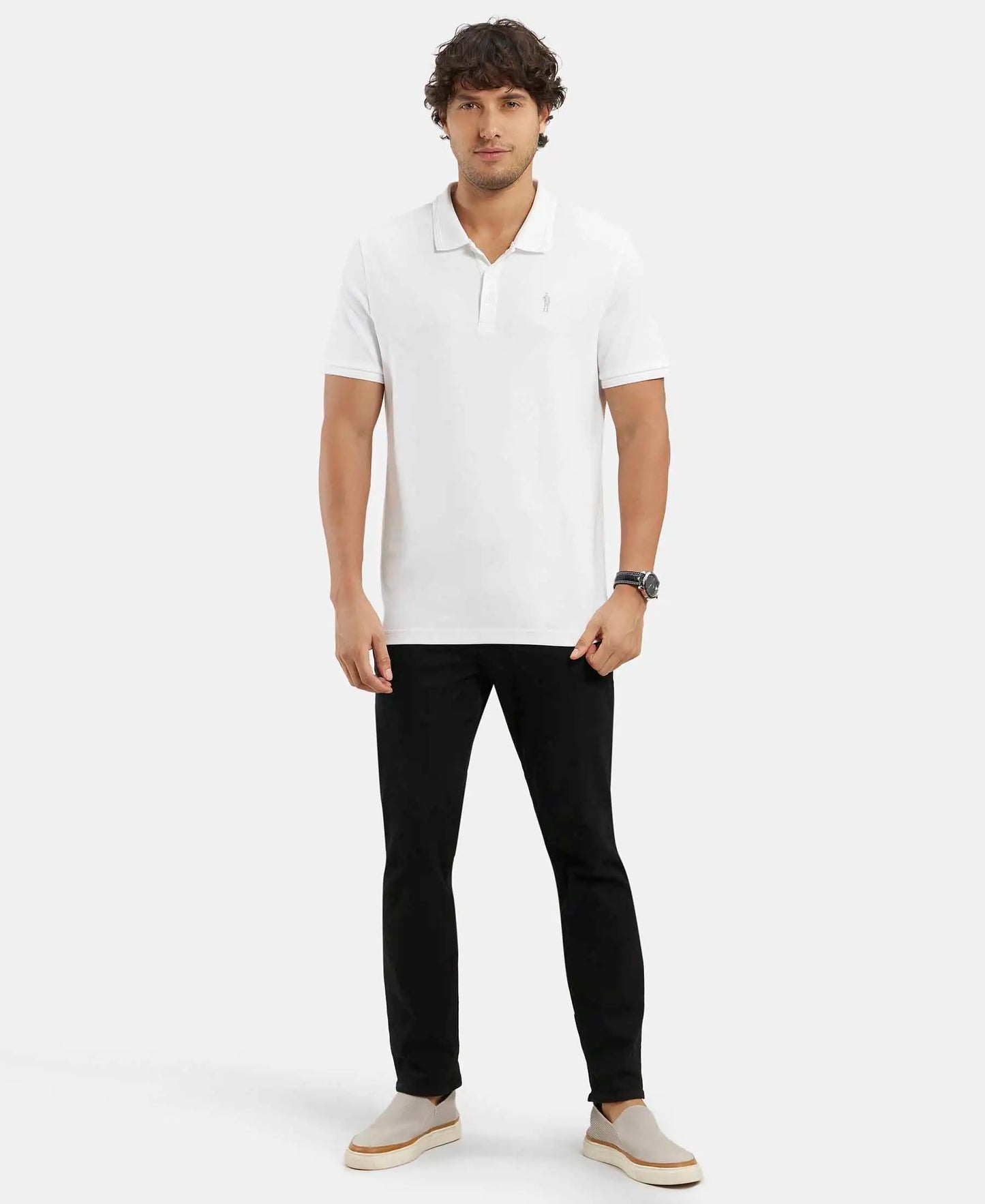 Super Combed Cotton Rich Solid Half Sleeve Polo T-Shirt - White-4