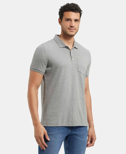 Super Combed Cotton Rich Solid Half Sleeve Polo T-Shirt with Chest Pocket - Mid Grey Melange-2