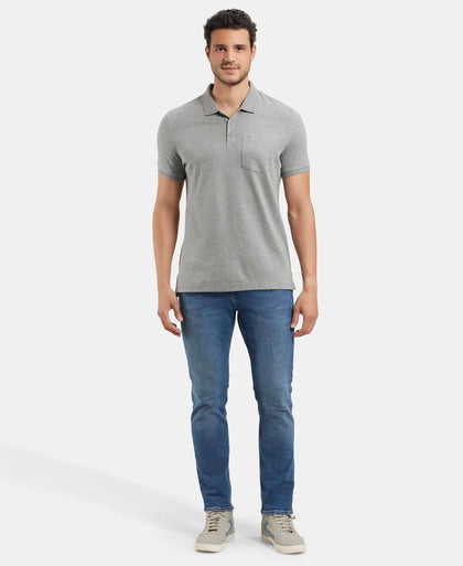 Super Combed Cotton Rich Solid Half Sleeve Polo T-Shirt with Chest Pocket - Mid Grey Melange-4