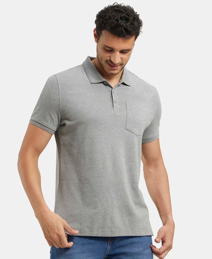 Super Combed Cotton Rich Solid Half Sleeve Polo T-Shirt with Chest Pocket - Mid Grey Melange-5