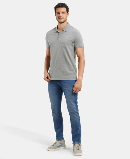 Super Combed Cotton Rich Solid Half Sleeve Polo T-Shirt with Chest Pocket - Mid Grey Melange-6