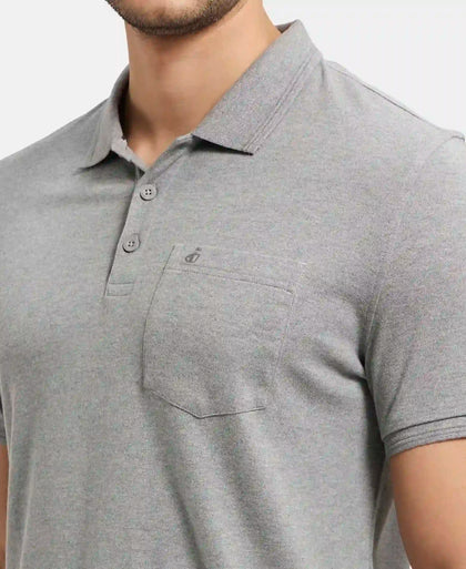 Super Combed Cotton Rich Solid Half Sleeve Polo T-Shirt with Chest Pocket - Mid Grey Melange-7