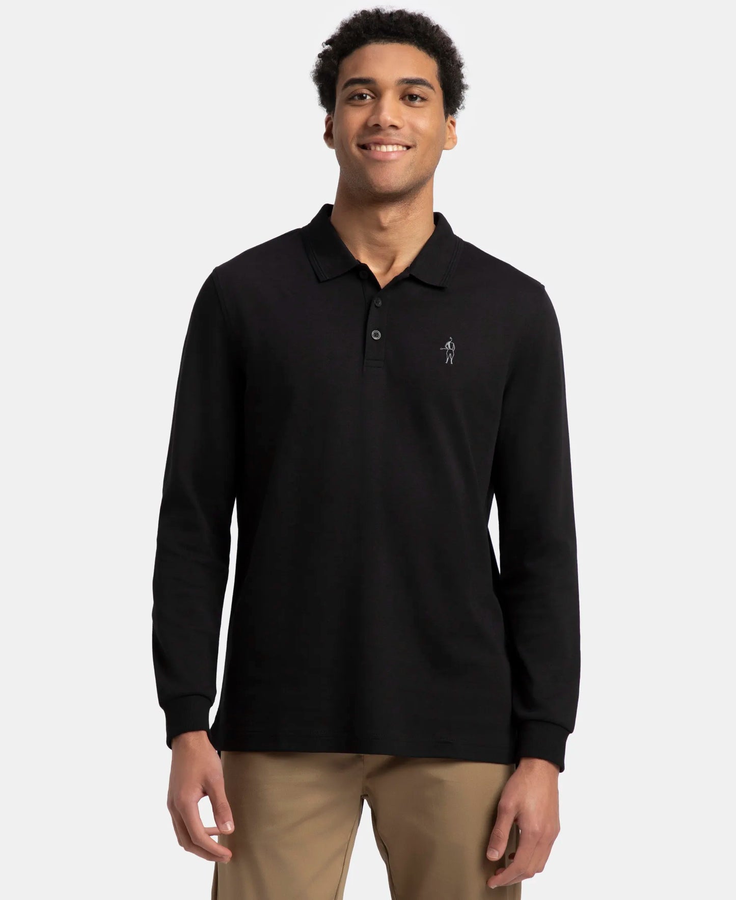 Super Combed Cotton Rich Solid Full Sleeve Polo T-Shirt with Ribbed Cuffs - Black