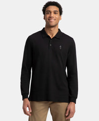 Super Combed Cotton Rich Solid Full Sleeve Polo T-Shirt with Ribbed Cuffs - Black