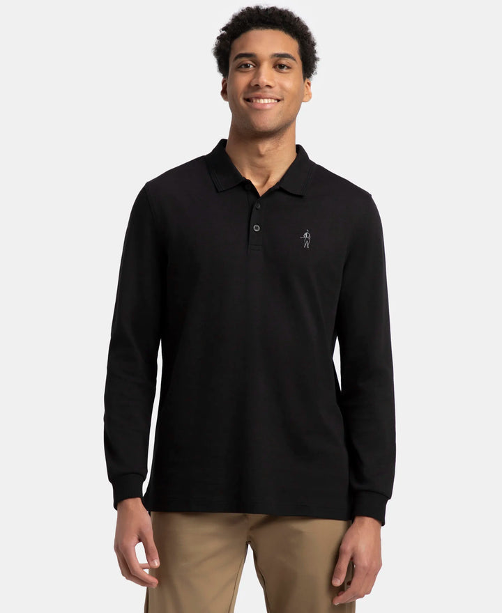 Super Combed Cotton Rich Solid Full Sleeve Polo T-Shirt with Ribbed Cuffs - Black