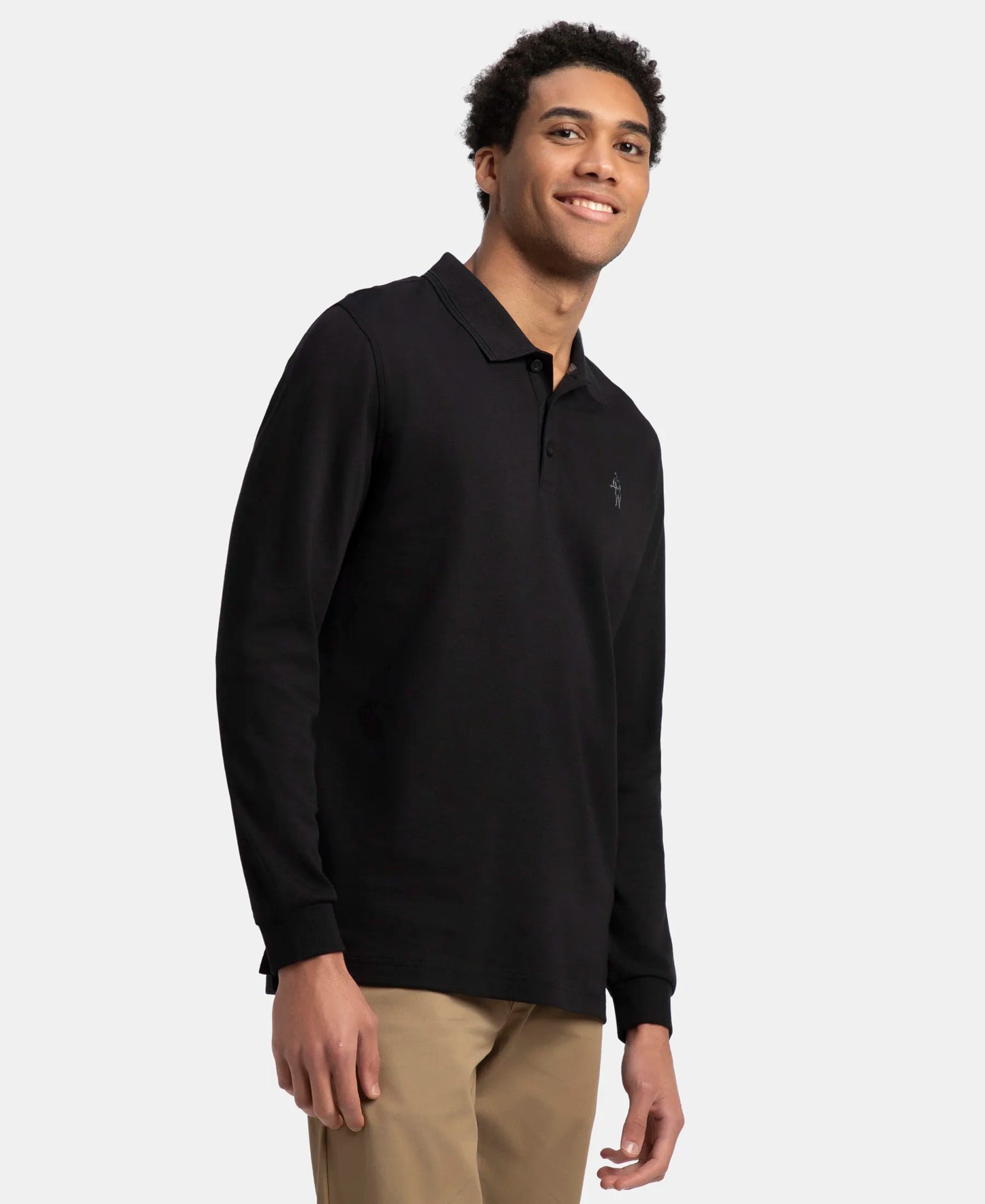 Super Combed Cotton Rich Solid Full Sleeve Polo T-Shirt with Ribbed Cuffs - Black