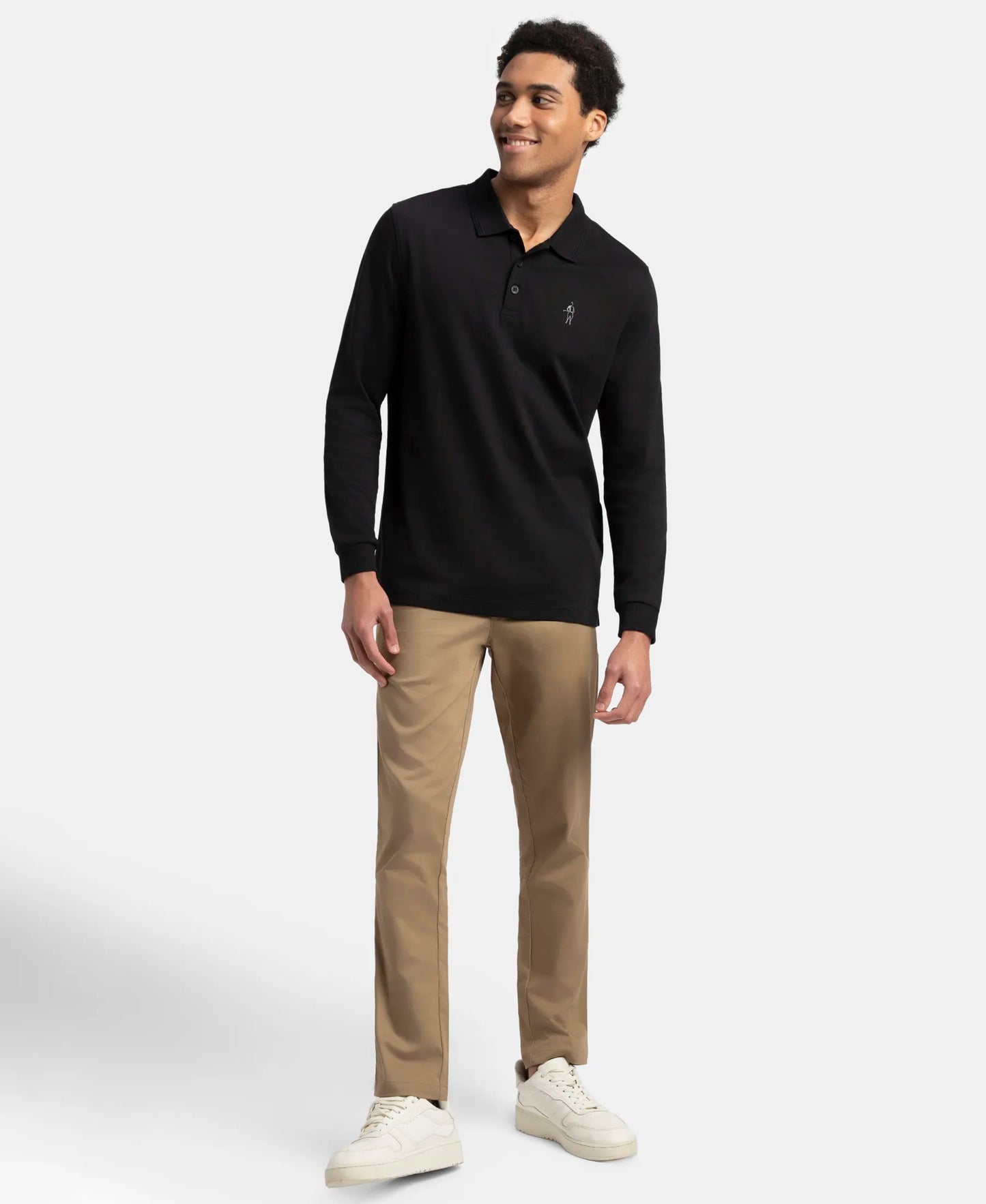 Super Combed Cotton Rich Solid Full Sleeve Polo T-Shirt with Ribbed Cuffs - Black