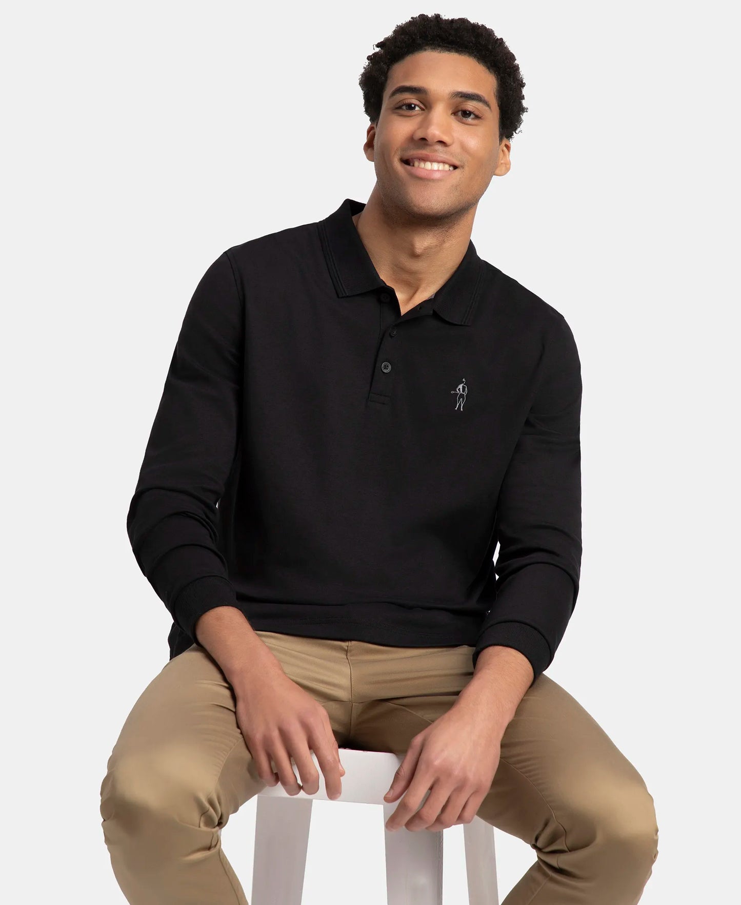 Super Combed Cotton Rich Solid Full Sleeve Polo T-Shirt with Ribbed Cuffs - Black