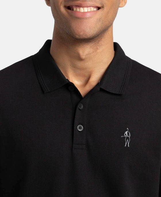 Super Combed Cotton Rich Solid Full Sleeve Polo T-Shirt with Ribbed Cuffs - Black