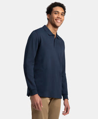 Super Combed Cotton Rich Solid Full Sleeve Polo T-Shirt with Ribbed Cuffs - Navy