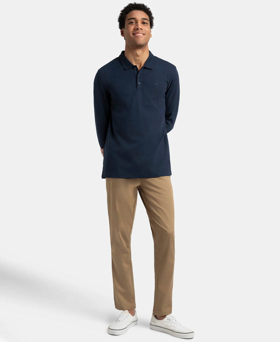 Super Combed Cotton Rich Solid Full Sleeve Polo T-Shirt with Ribbed Cuffs - Navy