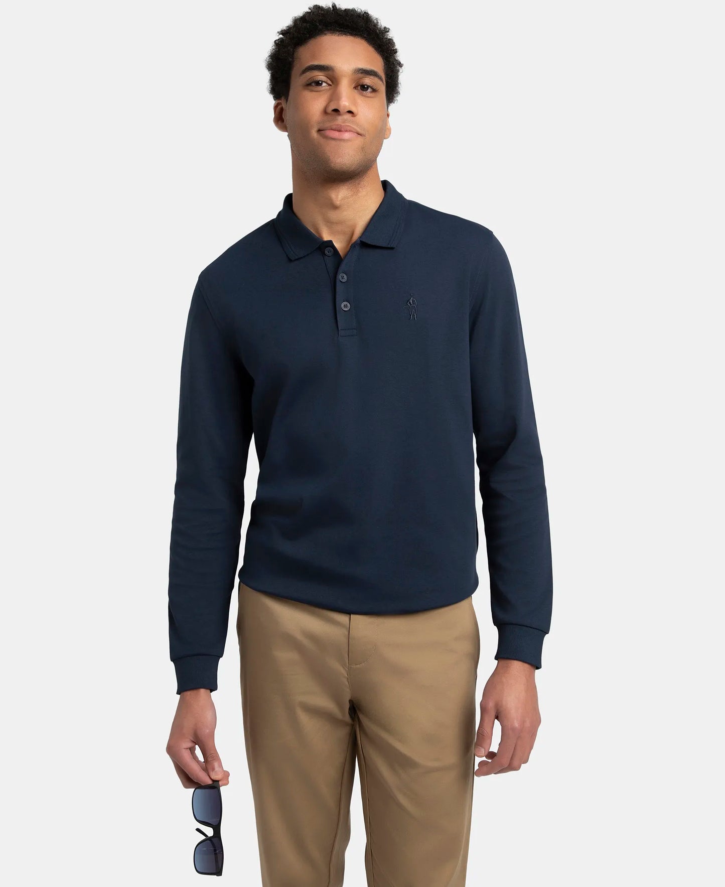 Super Combed Cotton Rich Solid Full Sleeve Polo T-Shirt with Ribbed Cuffs - Navy