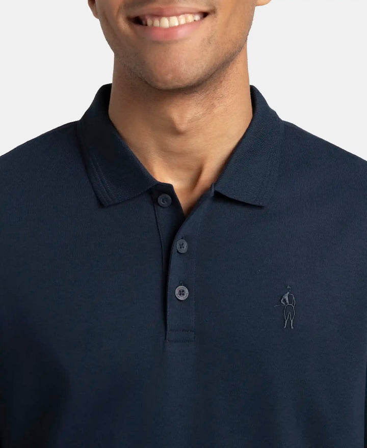 Super Combed Cotton Rich Solid Full Sleeve Polo T-Shirt with Ribbed Cuffs - Navy