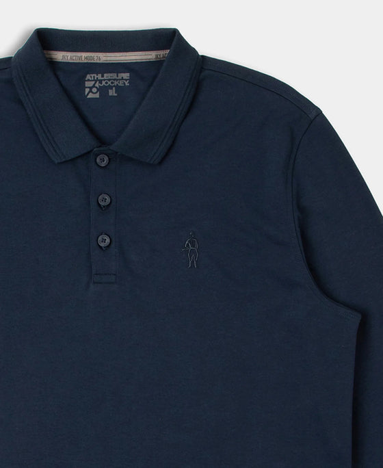 Super Combed Cotton Rich Solid Full Sleeve Polo T-Shirt with Ribbed Cuffs - Navy