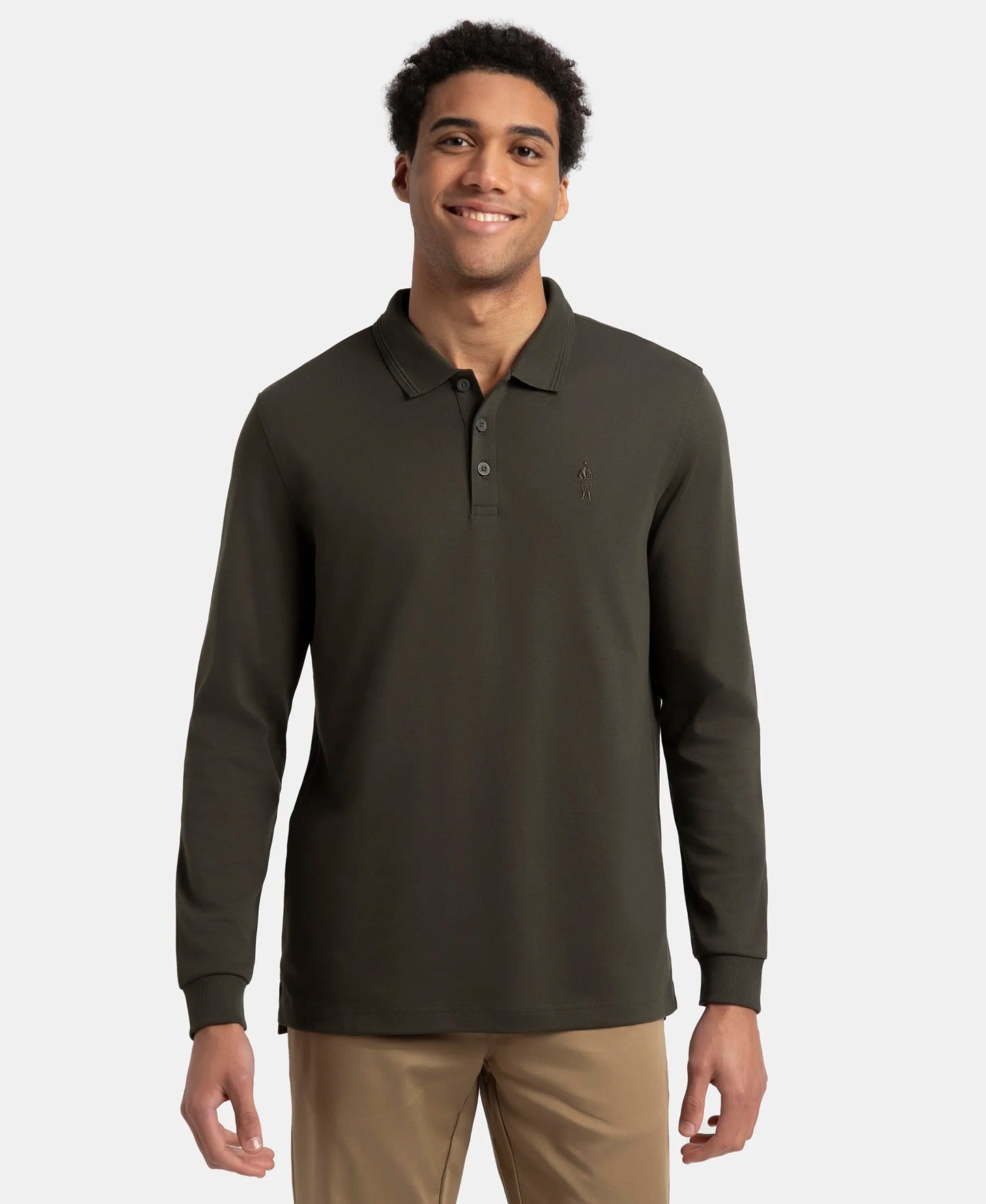 Super Combed Cotton Rich Solid Full Sleeve Polo T-Shirt with Ribbed Cuffs - Olive