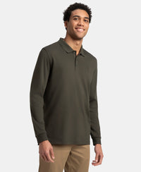 Super Combed Cotton Rich Solid Full Sleeve Polo T-Shirt with Ribbed Cuffs - Olive