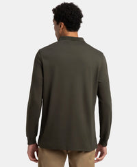 Super Combed Cotton Rich Solid Full Sleeve Polo T-Shirt with Ribbed Cuffs - Olive