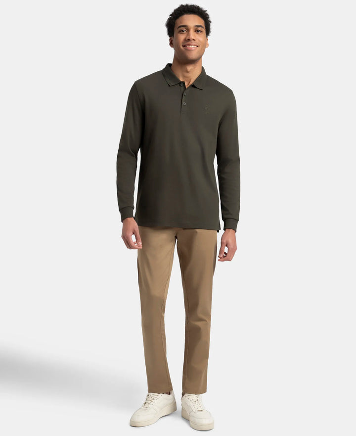 Super Combed Cotton Rich Solid Full Sleeve Polo T-Shirt with Ribbed Cuffs - Olive