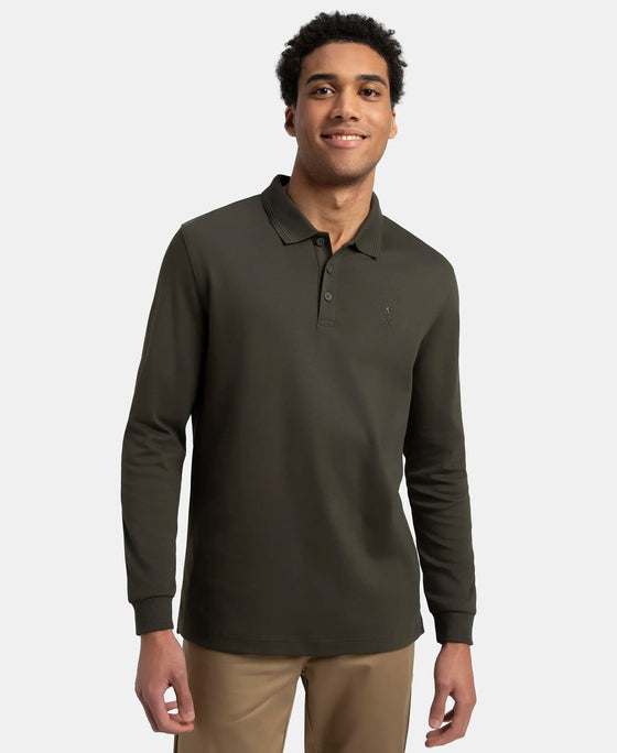 Super Combed Cotton Rich Solid Full Sleeve Polo T-Shirt with Ribbed Cuffs - Olive