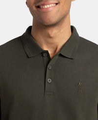 Super Combed Cotton Rich Solid Full Sleeve Polo T-Shirt with Ribbed Cuffs - Olive