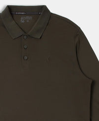 Super Combed Cotton Rich Solid Full Sleeve Polo T-Shirt with Ribbed Cuffs - Olive