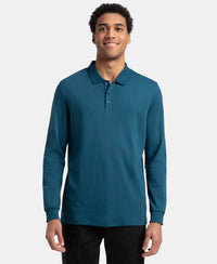 Super Combed Cotton Rich Solid Full Sleeve Polo T-Shirt with Ribbed Cuffs - Seaport Teal