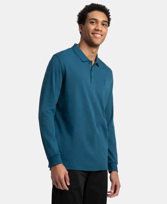 Super Combed Cotton Rich Solid Full Sleeve Polo T-Shirt with Ribbed Cuffs - Seaport Teal