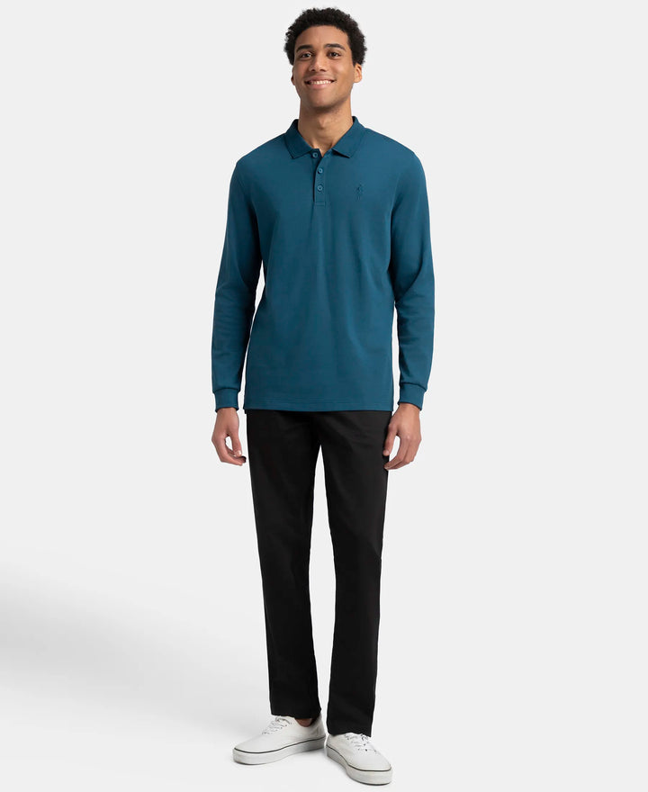 Super Combed Cotton Rich Solid Full Sleeve Polo T-Shirt with Ribbed Cuffs - Seaport Teal